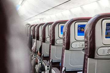 Fototapeta premium Rear view of an aircraft cabin seats.
