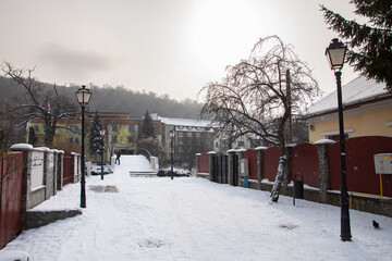 Naklejka premium Romania Bistrita Vadului Street in January 2021, the road leading to Codrisor Hotel
