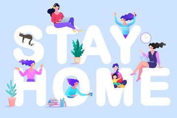 family smiling and staying together. Stay home, Stay safe concept. Save lives vector design sign concept. Stop Covid-19 Coronavirus. Trendy flat vector illustration.
