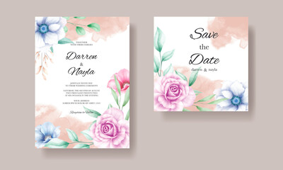 Romantic wedding invitation card template with watercolor flowers