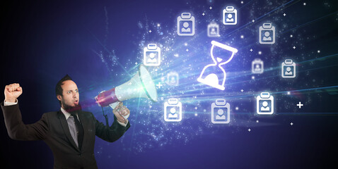 Young person with megaphone and sand glass icon, new business model concept