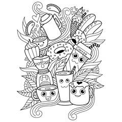 Hand drawn of Cute coffe collection in doodle style