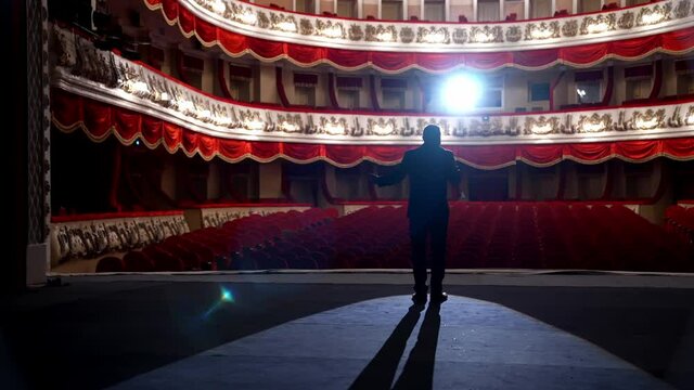 Dark silhouette of a host in front of empty auditorium. Back view of a speaker performing on stage on the background of beautiful hall without people. Quarantine.
