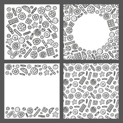 Set of cards with doodle outline cookies, waffles and candies isolated on grey background. Composition, poster and seamless pattern.