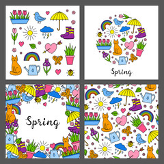Set of cards with colored doodle seasonal spring icons isolated on grey background. Composition, poster and seamless pattern.