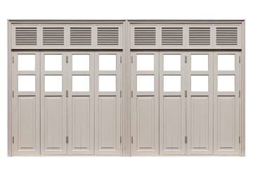 Vintage white hinged wooden door isolated on a white background