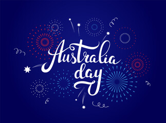 Festive banner design for Australia Day celebration. National holiday greetings with calligraphic text and fireworks on blue background. - Vector
