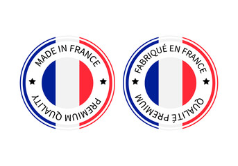 Made in France and Fabrique en France round labels in English and in French languages. Quality mark vector icon. Perfect for logo design, tags, badges, stickers, emblem, product package, etc