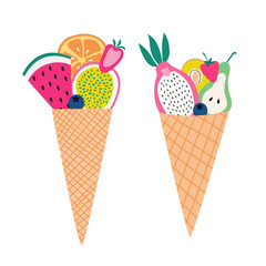 Set of colorful fruit cones with sliced fruit