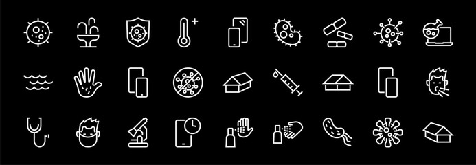 CORONAVIRUS A set of icons on the theme of coronavirus, contains icons such as an antiseptic, handwashing, masks, bacteria, sneezing, temperature, virus, thin lines, editable stroke, vector