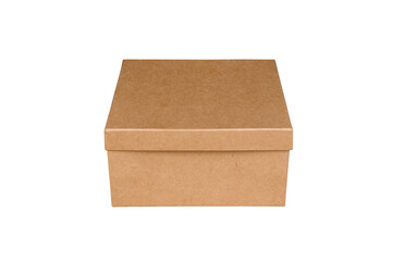 Closed cardboard box on isolated white background. Gift box. Close-up