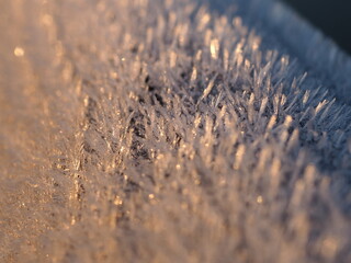 朝日を浴びるフェンスの霜5