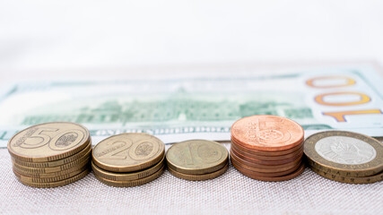 Concept of the Belarusian ruble crisis. Stacks of Belarusian coins and one hundred us dollars, close-up, 16:9