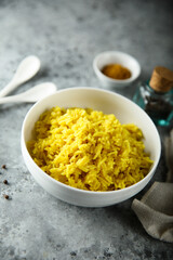 Homemade spicy rice in a white bowl