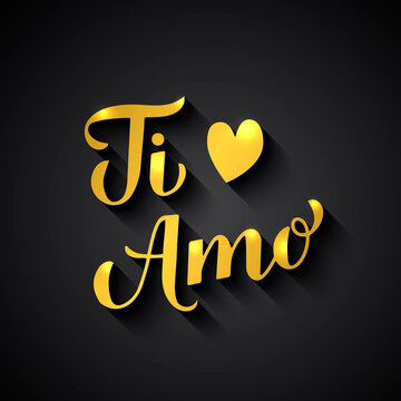 Ti Amo gold calligraphy. I Love You inscription in Italian. Valentines day typography poster. Vector template for banner, postcard, greeting card, logo design, flyer, etc
