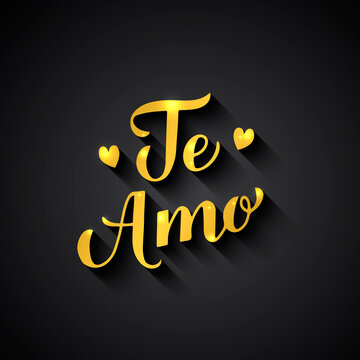 Te Amo gold calligraphy hand lettering on black background. I Love You in Spanish. Valentines day typography poster. Vector template for banner, postcard, greeting card, flyer, etc