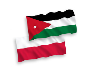 National vector fabric wave flags of Hashemite Kingdom of Jordan and Poland isolated on white background. 1 to 2 proportion.