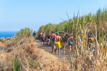 Wandergruppe in der Schilfzone auf der Insel Stromboli