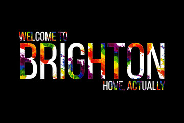 Welcome to Brighton Hove actually title on blakc background with gay pride colors