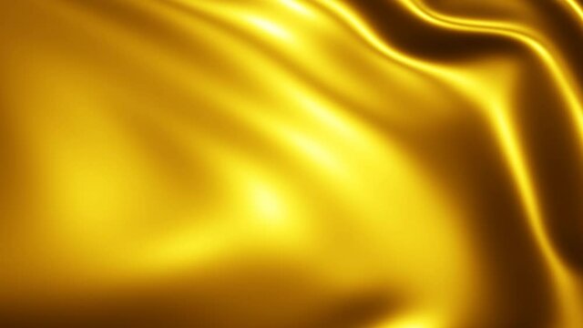 Gold 3D abstract graphics background animation, golden bright moving waves shiny and glossy metallic silk seamless 4K loop video animation, gold texture design.