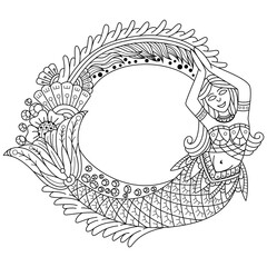 Hand drawn of mermaid in zentangle style