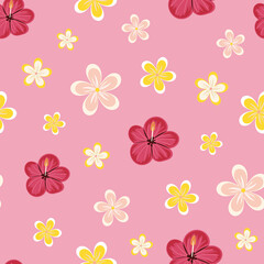 Vector illustration of bright plumeria tropical flowers seamless repeat pattern on a pink background.