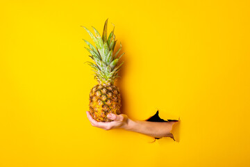 A woman's hand holds a whole pineapple on a torn yellow background