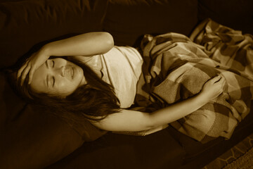 Asian woman suffering depression - dramatic artistic portrait of young beautiful sad and depressed...