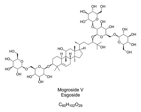 Mogroside V, esgoside, chemical formula and structure. Main component of the monk fruit extract, used as sweetener and sugar substitute, about 250 times stronger than table sugar. Illustration. Vector