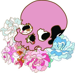 Hand drawn skull and flower on white background.old school style skull tattoo