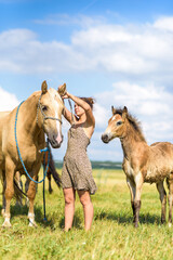 Fototapeta premium A young beautiful girl puts a halter on a horse on the field.