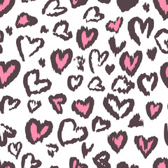 Valentine Leopard or cheetah seamless pattern. Trendy animal print. Spotted pink and dark gray hearts imitate jaguar fur. Vector background for textile, fabric, wallpaper, wrapping paper, etc