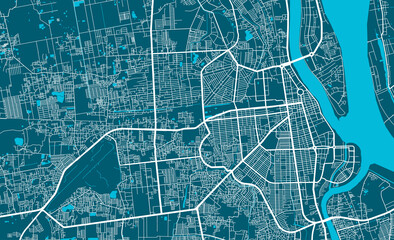 Detailed map of Phnom Penh city, linear print map. Cityscape panorama.