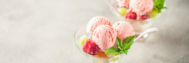fruit salad and strawberry ice cream