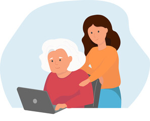 A girl, daughter, granddaughter helps an elderly woman understand the computer,  An old lady sits at a desk and learns to work on a laptop. The concept of generational communication. Vector graphics
