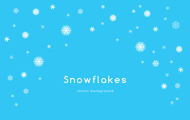Fototapeta na wymiar Snowflakes falling background for winter seasonal decoration. Flat vector illustration of snowfall and snowy decoration on blue background