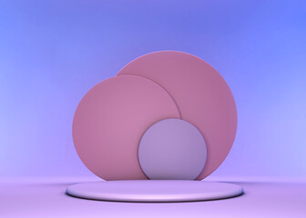 Minimal scene with geometrical forms. Top view cylinder podiums in soft pink blue gradient background. Scene to show cosmetic product, Showcase, shopfront, display case. 3d illustration.
