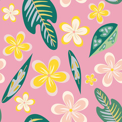 Seamless pattern of hand drawn plumeria tropical flowers on a pink background.