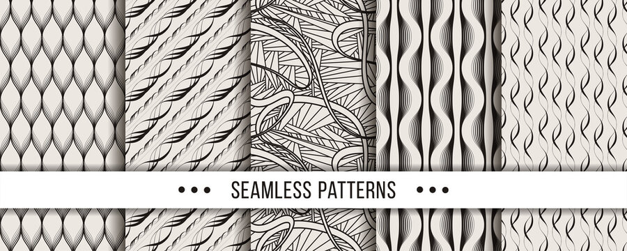 Set of strict, minimalistic seamless patterns. Collection for coloring pages, tectile prints, decor, design. Vector illustrations