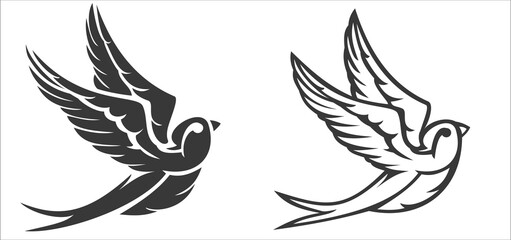 Cartoon flying monochrome swallow isolated on white background. Design bird in retro vintage style for old school tattoo, label, poster. Vector illustration.