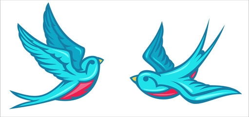 Cartoon flying color swallow isolated on white background. Design bird in retro vintage style for old school tattoo, label, poster. Vector illustration.