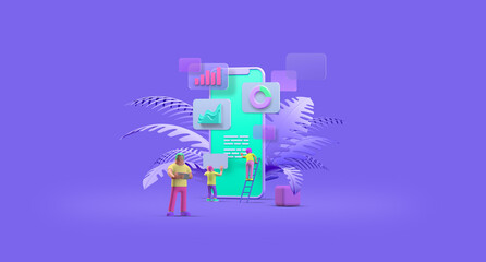Mobile Phone Smartphone Web UI UX app Design Teamwork concept 3D illustration. Team People Building Creating Application User interface Front view