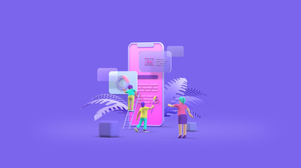 Mobile Phone Smartphone Web UI UX app Design Teamwork concept 3D illustration. Team People Building Creating Application User interface Front view