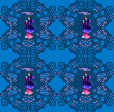 Seamless pattern consisting of a stylized image of a Japanese girl, flowers, leaves and lines. Image of a geisha. Vector graphics