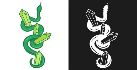 Hand drawn concept composition with crystal and snake in vintage cartoon style. Modern design for print, cover, card. Vector illustration.