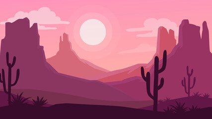 Landscape with desert and cactus. Sunset on a background of a mountain landscape.. Vector illustration - obrazy, fototapety, plakaty