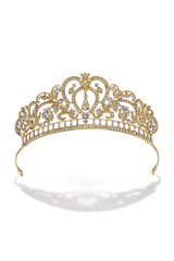 Subject shot of golden tiara adorned with a plenty of diamond-like gems and clear sparkling rhinestones that form fanciful pattern. The luxury queen crown is isolated on the white backdrop. © RedUmbrella&Donkey