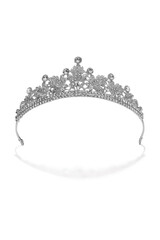 Subject shot of silver tiara adorned with clear sparkling gems and rhinestone that form fanciful pattern. The luxury queen crown is isolated on the white backdrop. © RedUmbrella&Donkey