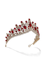 Subject shot of golden tiara adorned with a plenty of ruby gems and clear sparkling rhinestones that form fanciful pattern. The luxury queen crown is isolated on the white backdrop. © RedUmbrella&Donkey