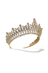 Subject shot of golden tiara adorned with a plenty of diamond-like gems and clear sparkling...